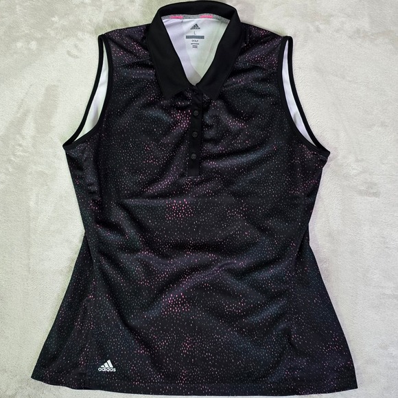 adidas Tops - Adidas Womens Golf Sleeveless Polo Shirt Black Pink Green Dot Print Size L